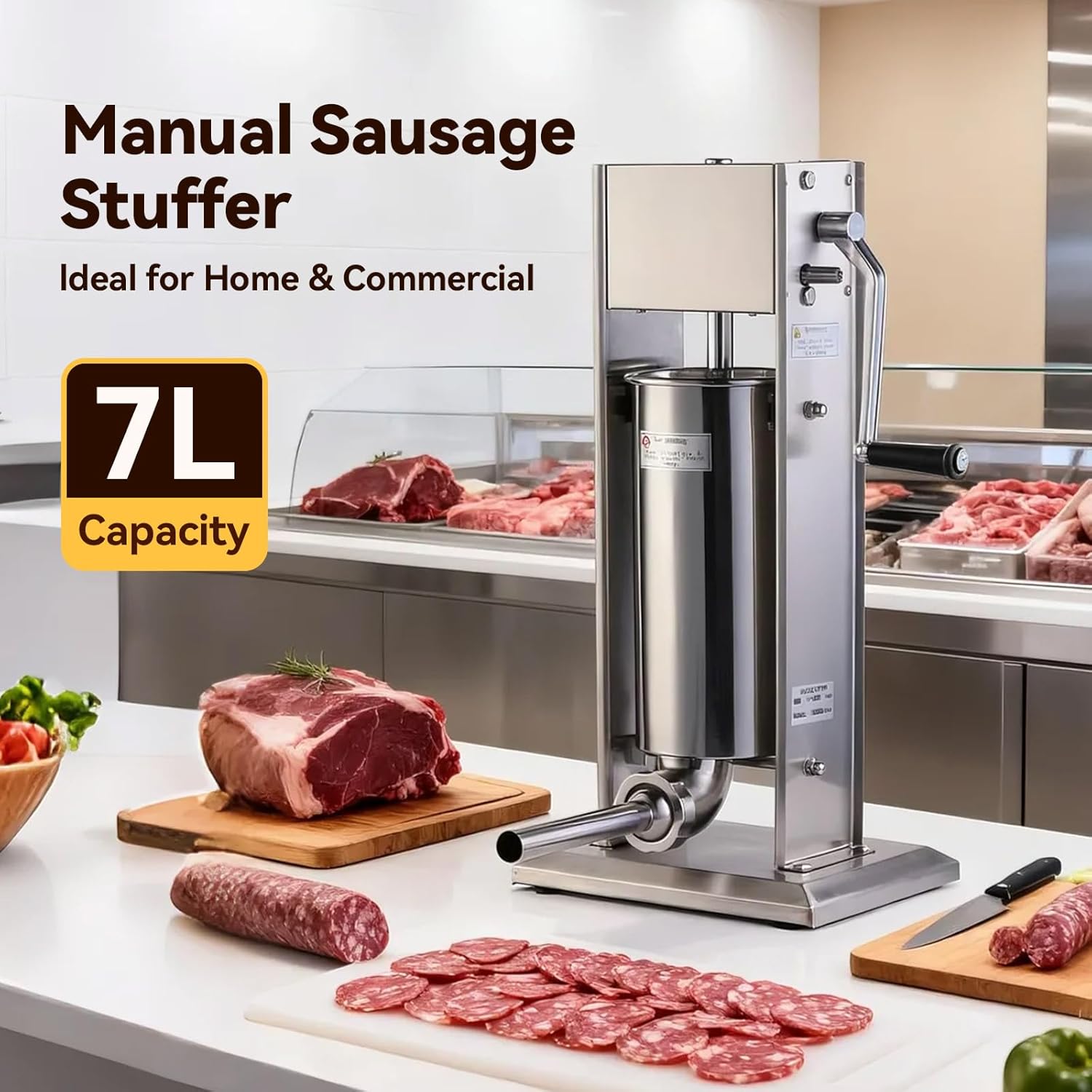 Malphi 15 Lb/7 L Sausage Stuffer 2 Speed Stainless Steel Vertical Sausage Maker with 4 Filling Tubes