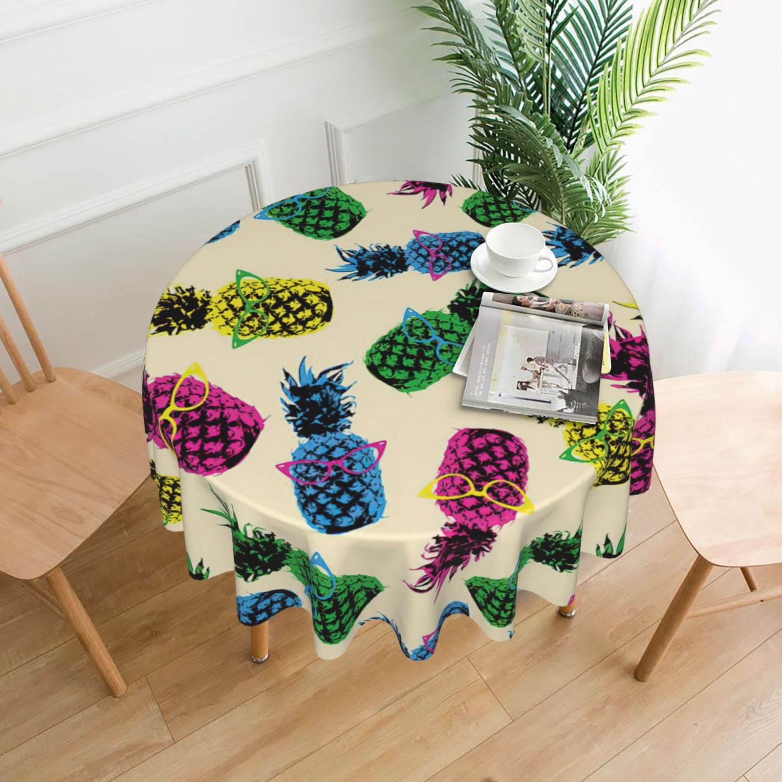 SDEGTHO Retro Pineapple Print Modern Retro Round Tablecloth 60in Polyester Fabric Cover for Party Dining Table Washable