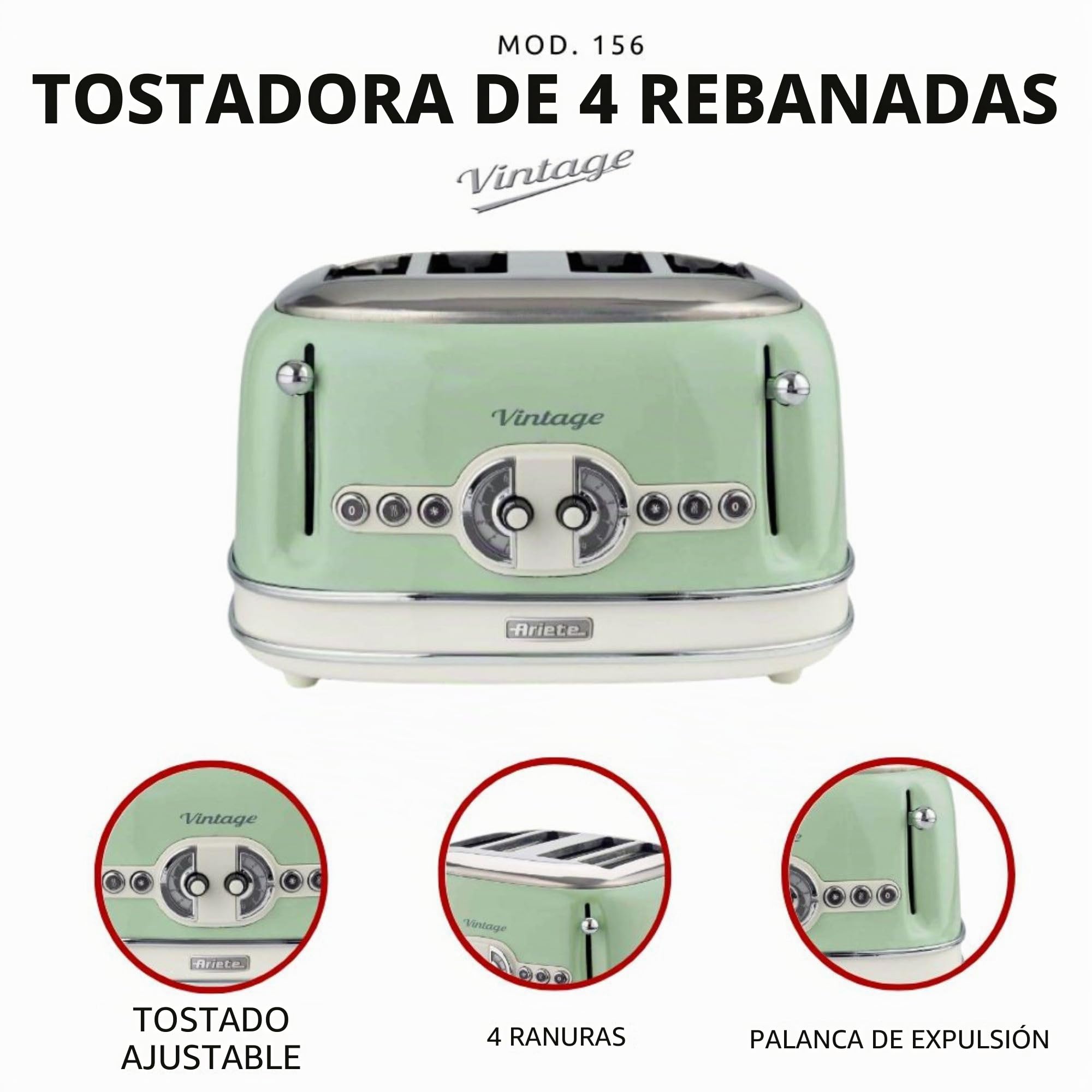 Ariete 156/04 - Tostador 4 ranuras anchas paredes frías, sistema expulsión automática, 1600 W, acero inoxidable, pies antideslizantes, verde pastel