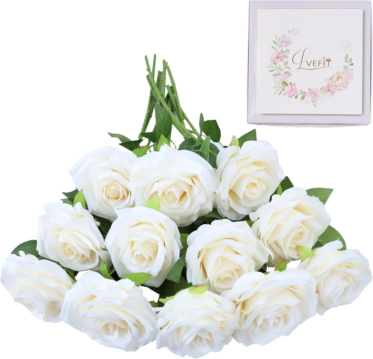 LVEFIT Artificial Rose Flower Ivory Flowers Ivory Roses White Roses Silk Flowers 12 pcs with Long Stem Silk Roses Bouquet for Wedding Bridal Shower Party Home Decoration