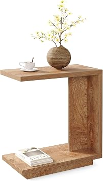 LITTLE TREE C-Shaped Side Table, Narrow 2-Tier End Table for Living Room, Couch, Bedroom, Bedside, Nightstand, Brown