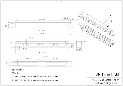 Miniatura 2 de Paquete de 2 organizadores de cables horizontales de 1U de 19 pulgadas, 24 ranuras, organizador de cables de metal con cubierta y tornillos de