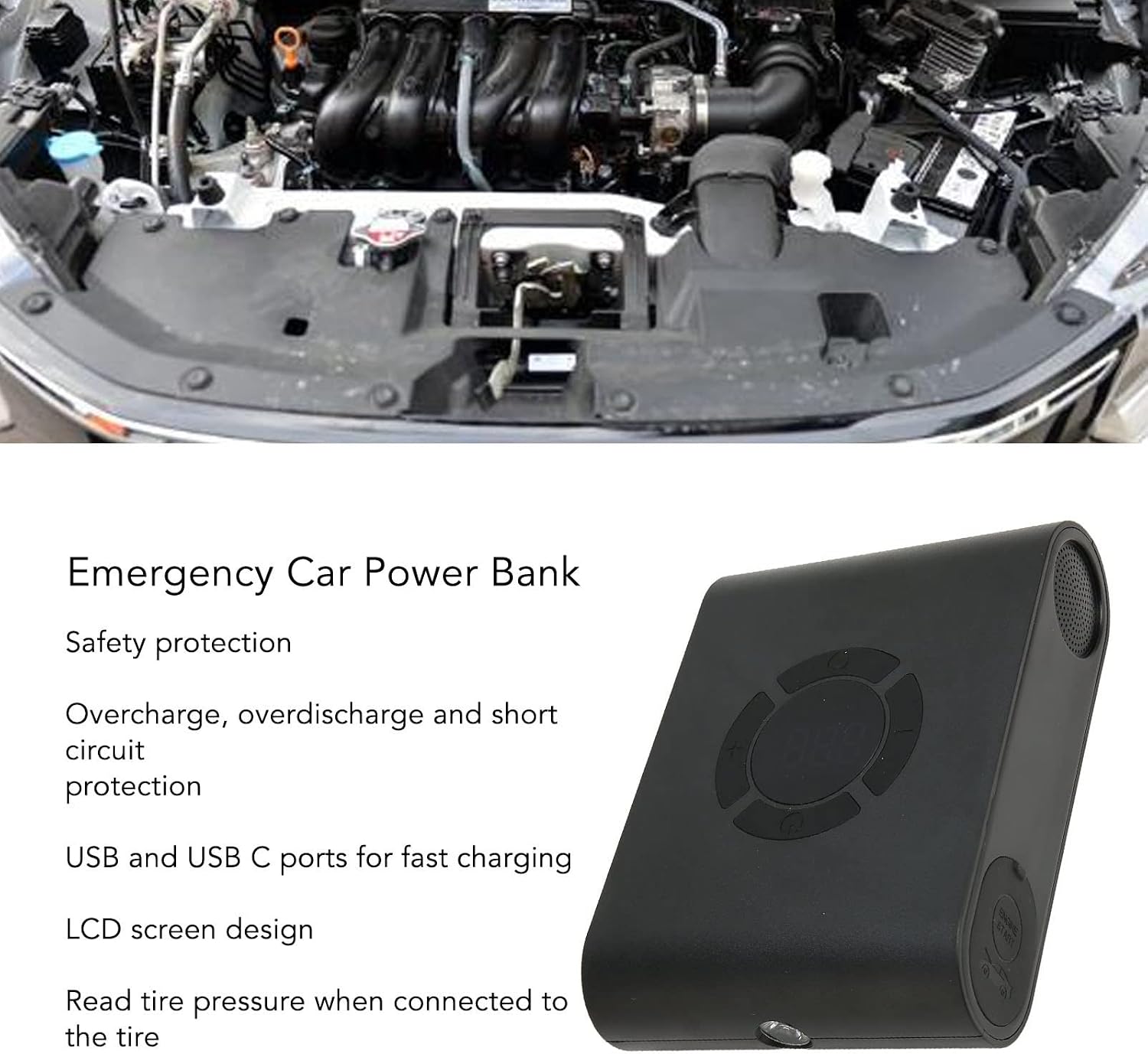 A diagram highlighting the features of the Goshyda AKP-P200, including safety protection, USB/USB-C ports, and LCD screen design.