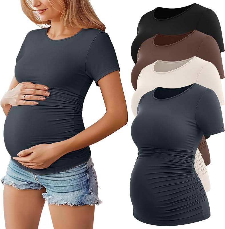 Huukeay 4 Pack Women's Short Sleeve Maternity Tops | Cotton Crew Neck Maternity Shirts, Slim Fit Side Ruched Pregnancy Clothes, Summer Casual Maternity Outfits, Trendy Mama Tees