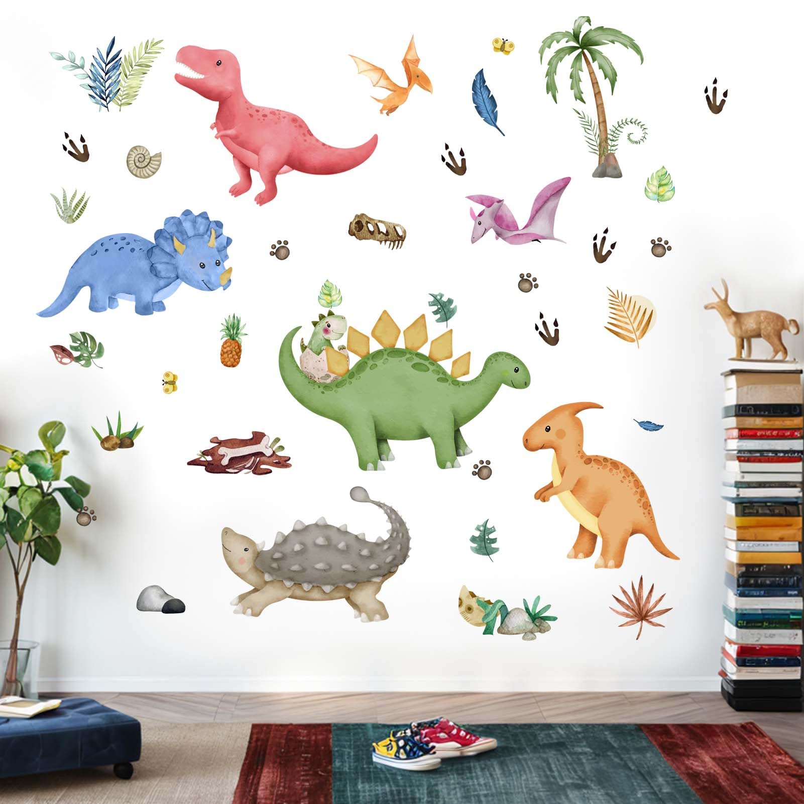 PinkEleph Watercolor Dinosaur Wall Decals, Tropic Palm Tree Dino Wall Stickers