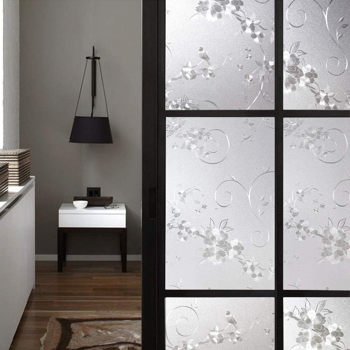 Frosted Privacy Window Film, No-Glue Stained Glass Window Decor/Privacy Protection/Heat Control/Anti UV, Iron Flower Stained Glass Static Cling for Home/Office, 23.5x78.5 inch