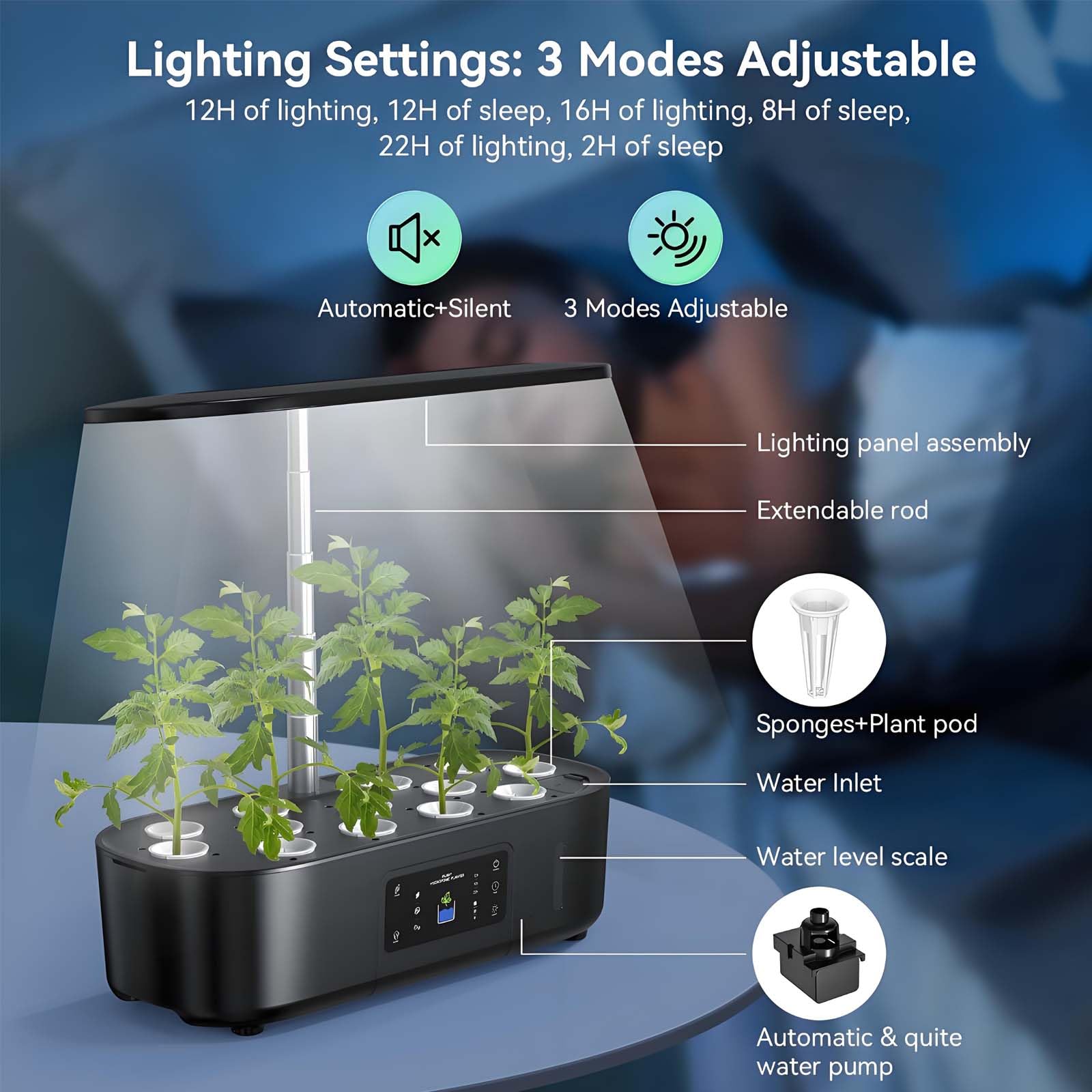 Kit per giardino idroponico da interno con luce a spettro completo, irrigazione automatica per erbe aromatiche, verdure e frutta, vaso da appoggio intelligente senza terra white
