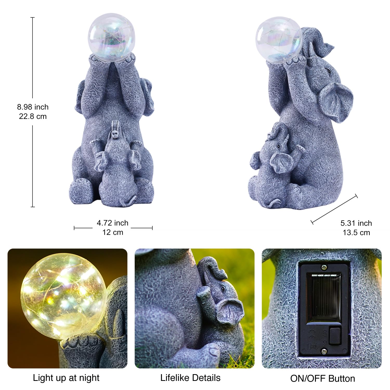 Statue solari da giardino a forma di elefante, luci con sfera a bolle solari, per esterni, cortile, decorazione da giardino, regalo unico per l'inaugurazione della casa per mamma, donne