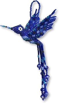 Mayan Arts Hummingbird, Beaded Ornamental Figurine, Charm, Decorative Animals, Blue, Christmas Tree Ornaments, Holiday Decoration, Handmade in Guatemala 3 Inches x 5 Inches Yellow Multi