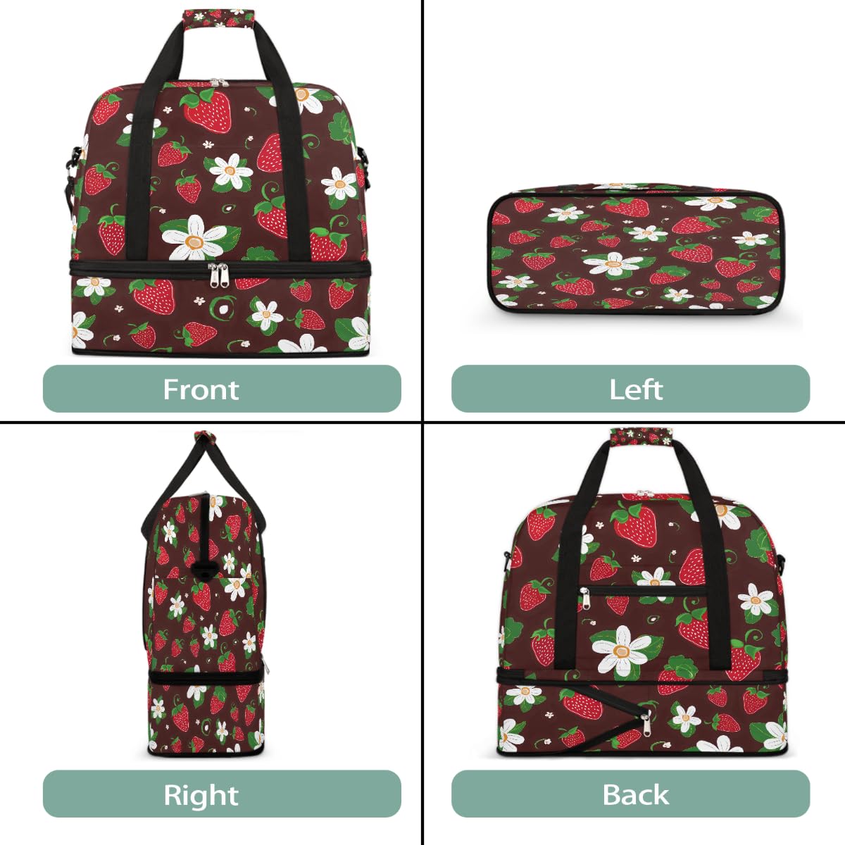 Borsone da viaggio pieghevole con grazioso fiore di fragola, espandibile, con scomparto per scarpe, grande capacità, borsa da weekender, per viaggi, sport, viaggi notturni