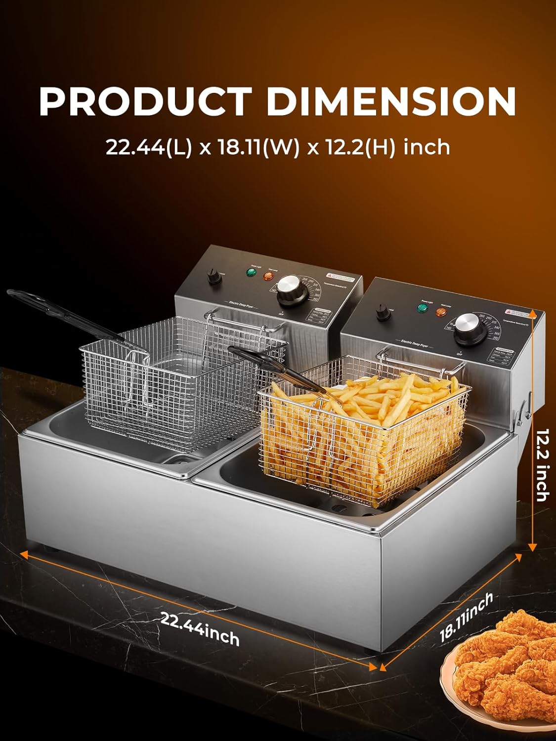 Deep fryer with product dimensions labeled: 22.44 inches length, 18.11 inches width, 12.2 inches height.