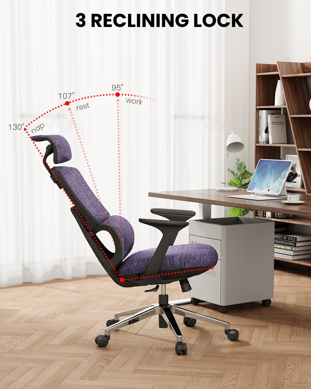 Dripex Ergonomic Office Chair-Mesh High Back Desk Chair Computer Chairs with Lumbar Support/Arms/Adjustable Headrest/Cushioned Seat/Wheels, Swivel Rolling Reclining Office chair for Home Office,Purple
