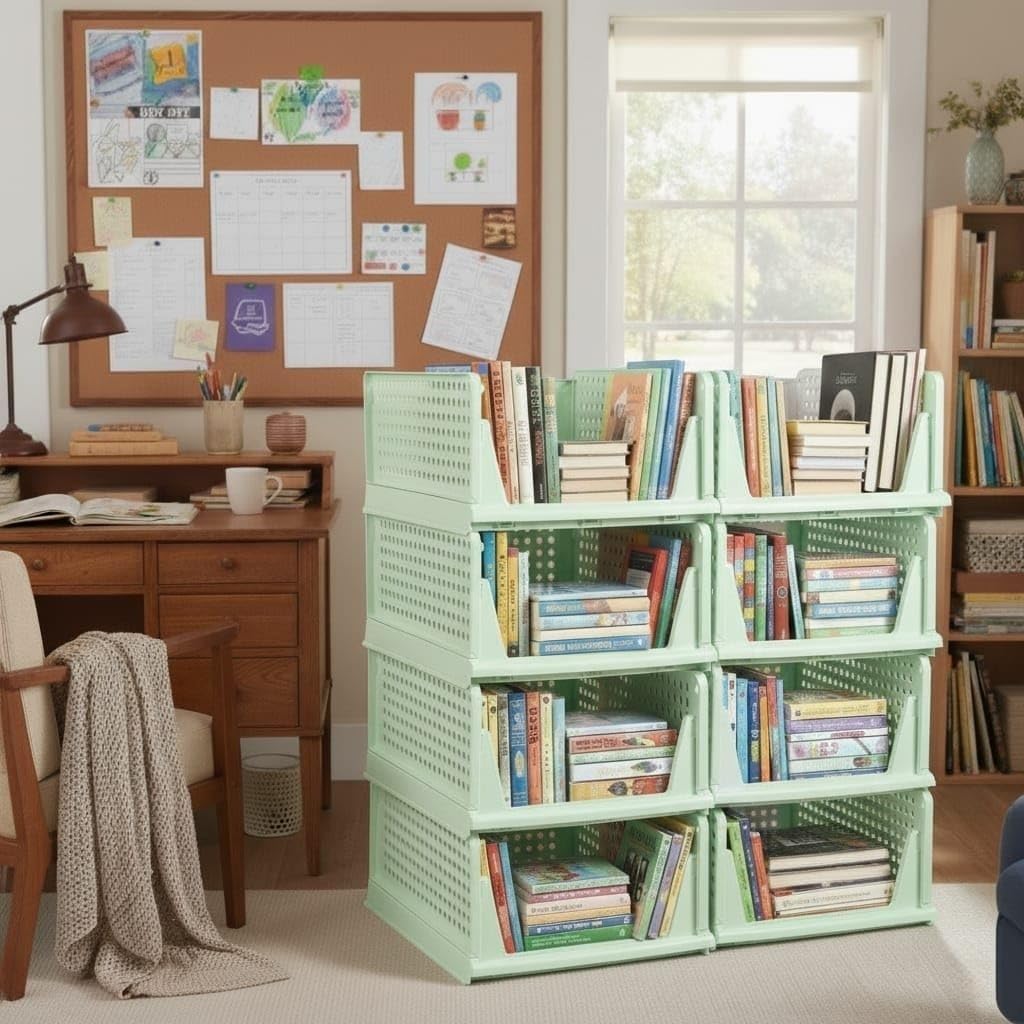 MECHDEL | Wardrobe Organizer For Clothes | Cupboard Organizer | Foldable Shirt Stacker Box | Cloth Box for Almirah | Closet Storage Basket |Plastic Stackable Closet Organizer (Pista Green, 8PCS)