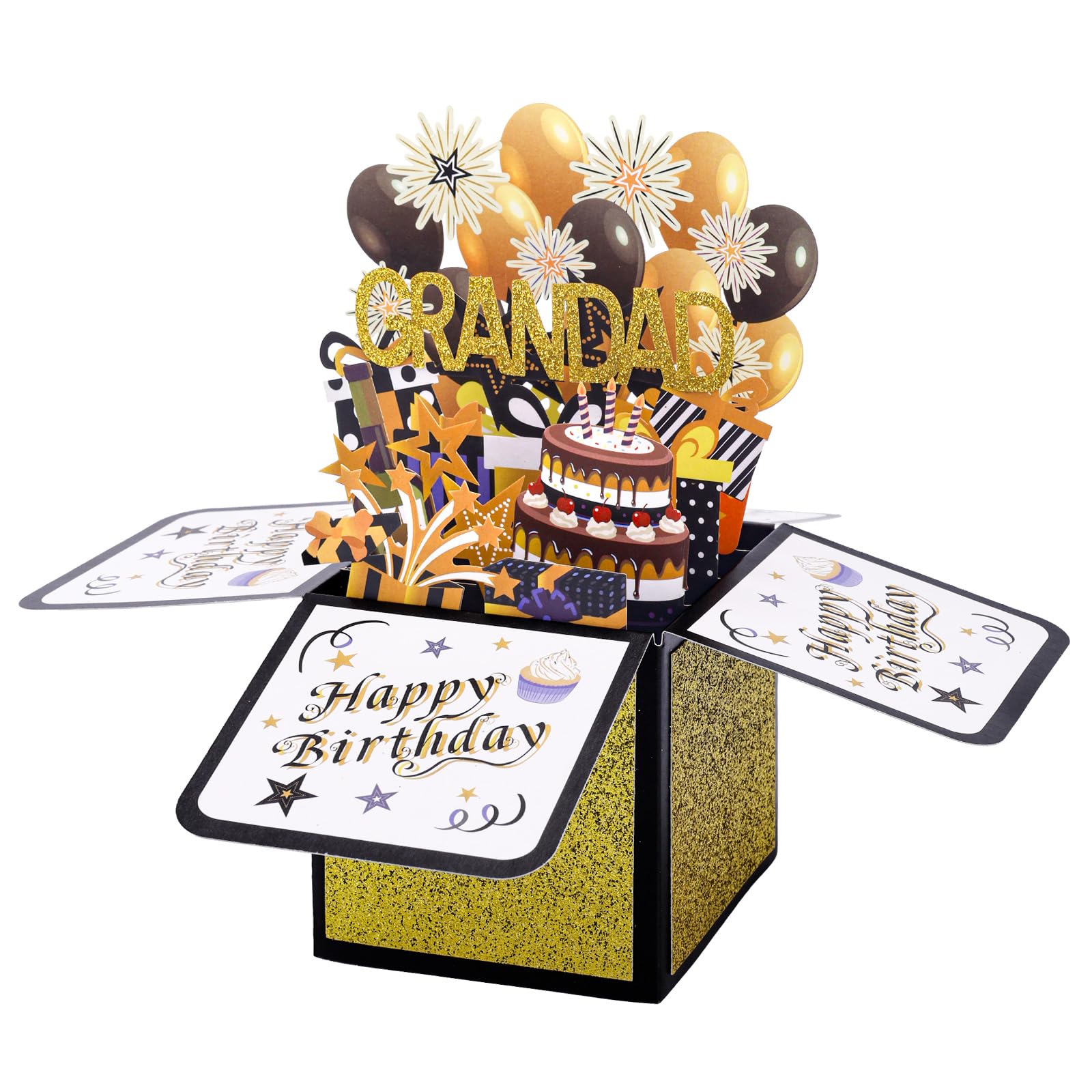 lasuroa Birthday Pop up Card for Grandad, Cool Happy Birthday 3D Gift Box Gold Black Fun Pop up Gift Box with Envelope Greeting Card for Grandad Men