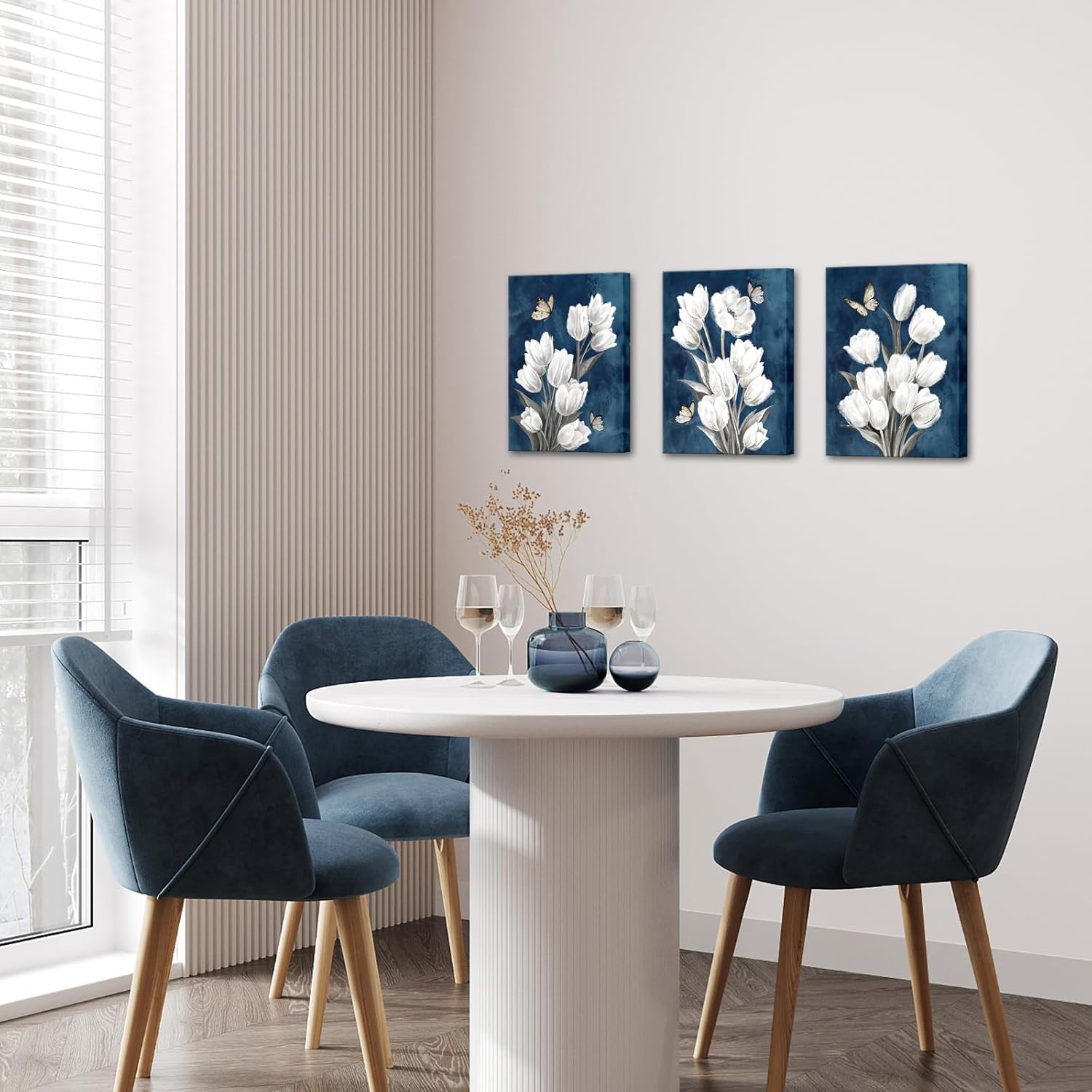 Nachic Wall Blue and White Flower Wall Art Vintage Tulip Painting Bathroom Decor Dark Blue White Floral Canvas Prints