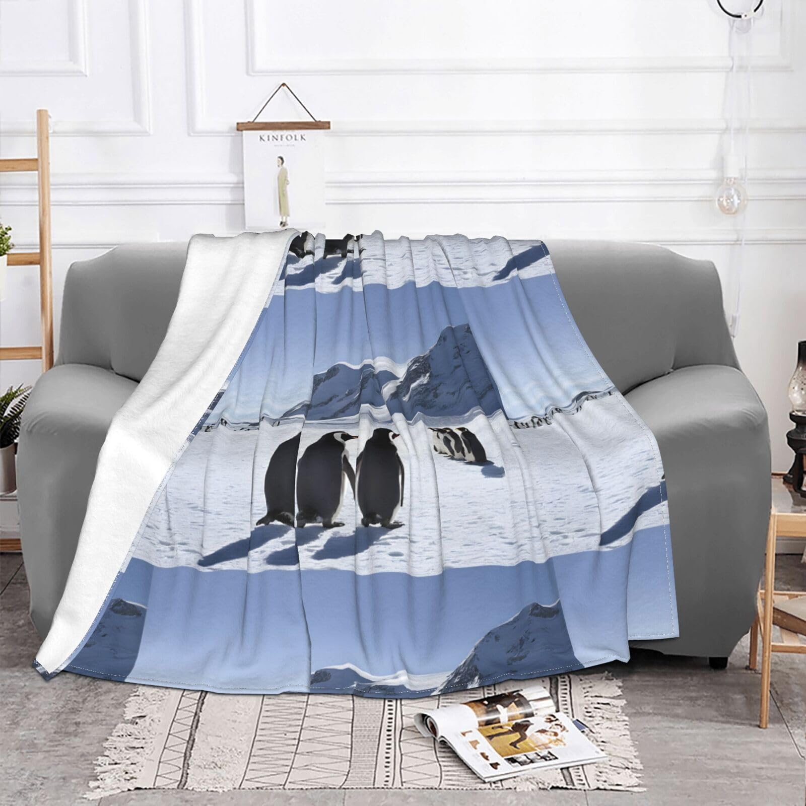Couverture en flanelle pingouins anti-froid légère pour lit et voyage