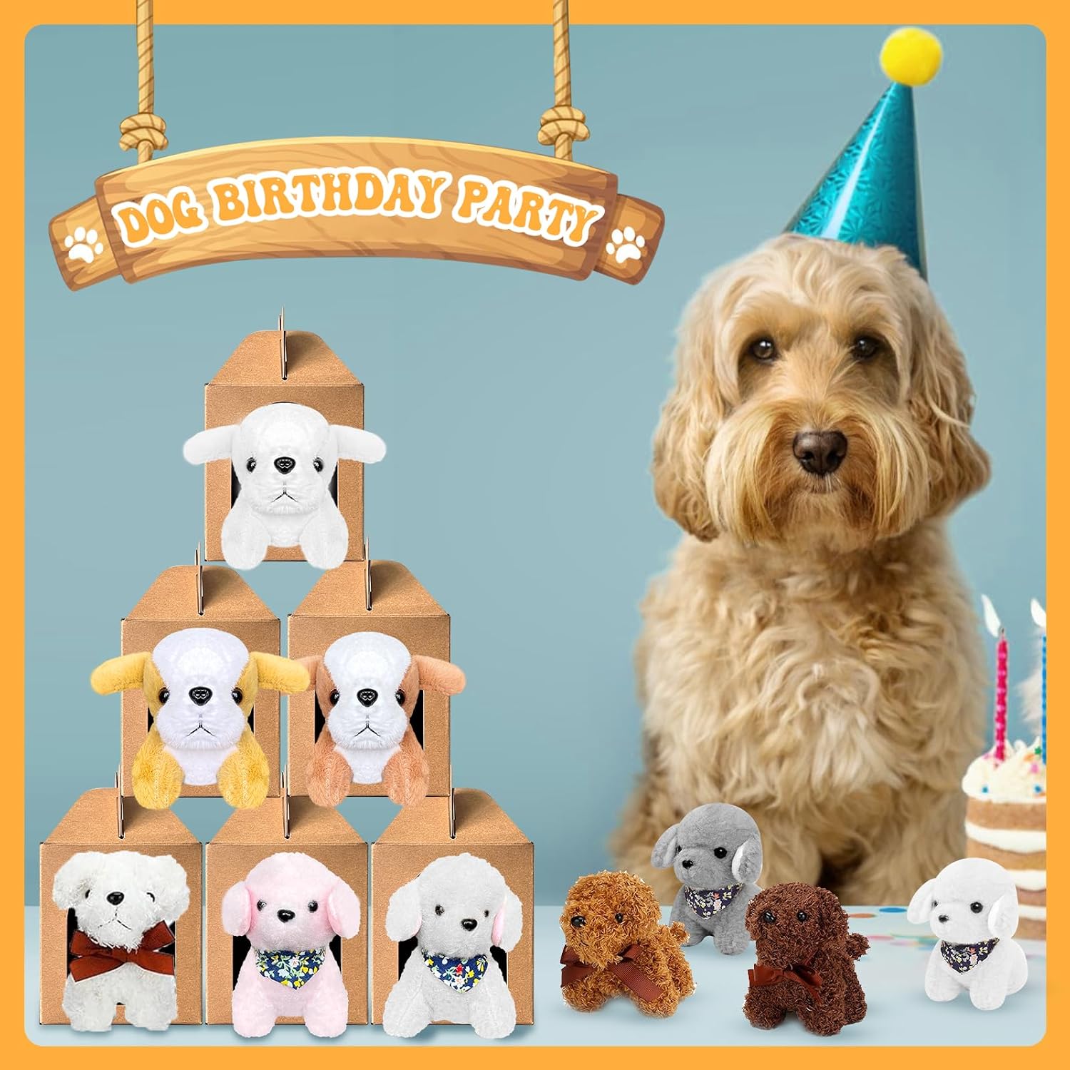 24 Pcs Adopt a Dog Party Favors Include 12 Mini Plush Dogs Stuffed Puppy and 12 Foldable Kraft Boxes for Adopt a Puppy Party Favors Supplies Gifts