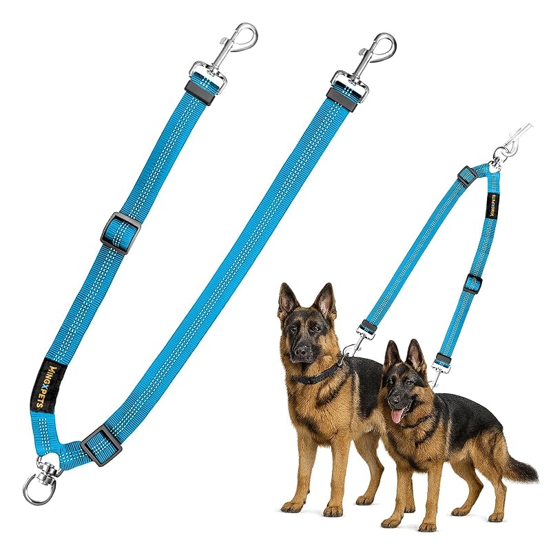 Guia Dupla para Cães em Nylon com Giro 360° e Fita Refletiva MingXpets, Tamanho Grande (Large), Azul