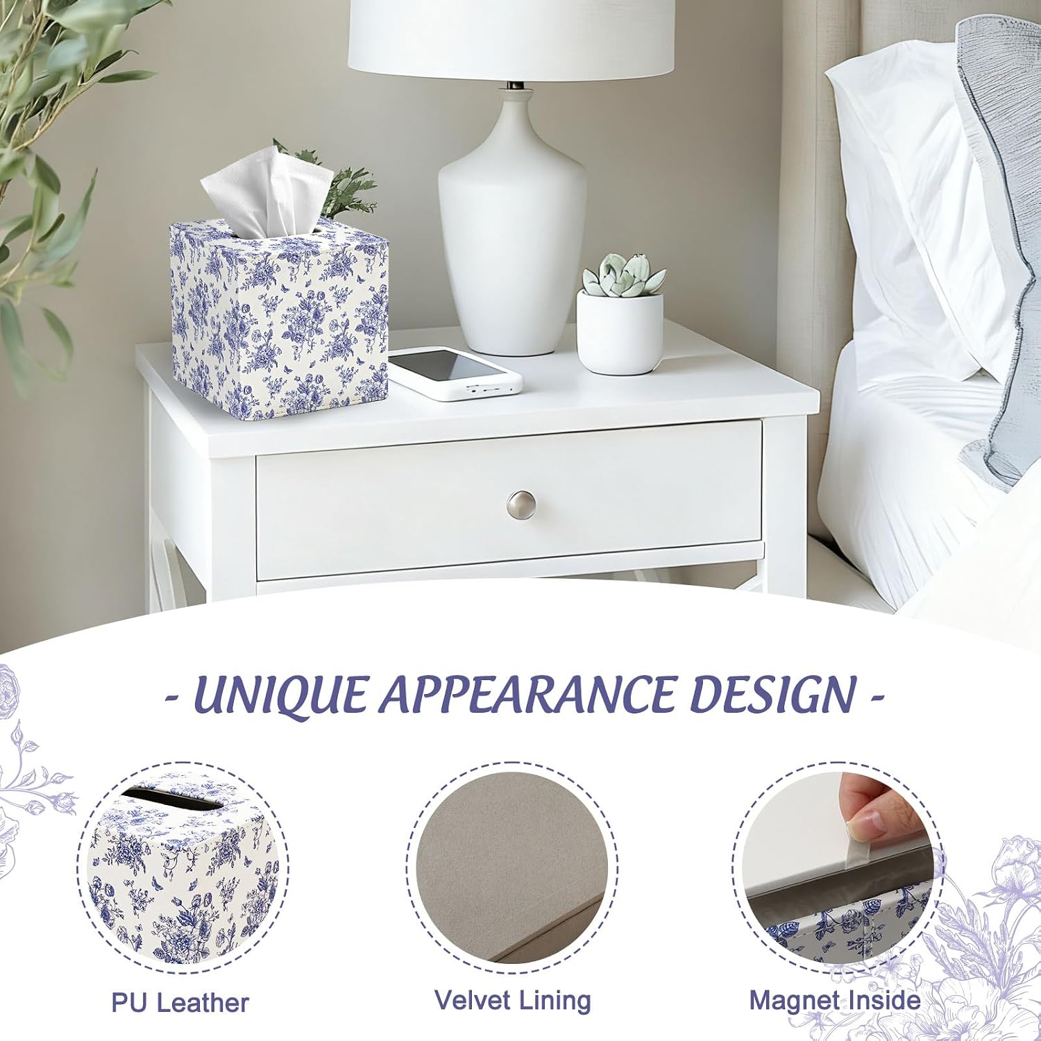 JarThenaAMCS Blue Floral Tissue Box Cover with Magnetic Closure PU Leather Tissue Holder Chinoiserie Flower Butterfly Square Napkin Box for Home Office Bedroom Countertop Decor image 3