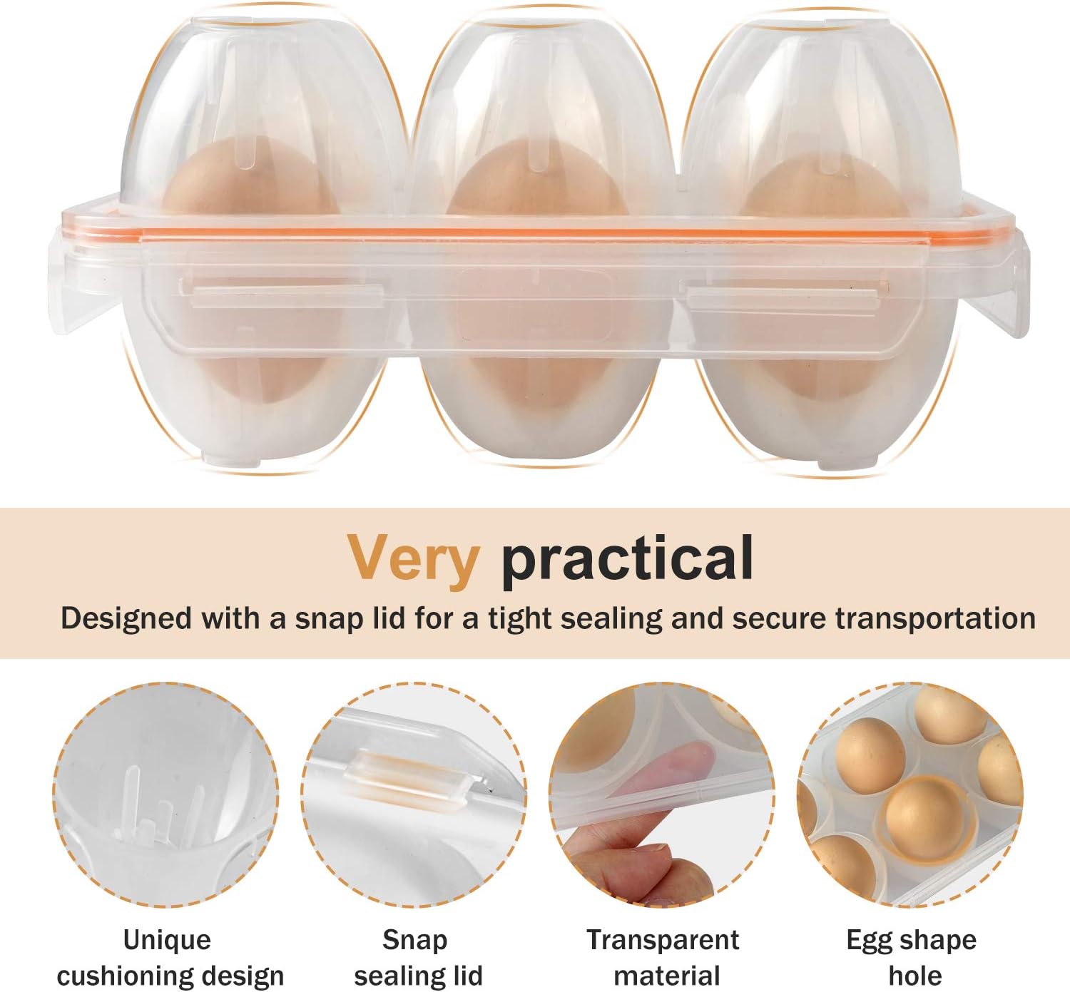 FantasyDay 6 Grids Egg Holders, Sturdy Shockproof Durable Egg Cartons Egg Containers With Lid for Refrigerator - Large Capacity Egg Organizer Box for Home Kitchen Outdoor Picnic Hiking Storage
