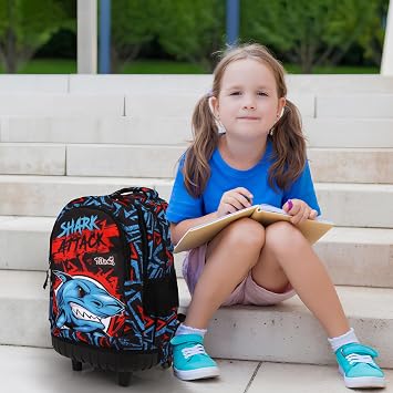 Tilami Rolling Backpack for Boys and Girls,Shark attack
