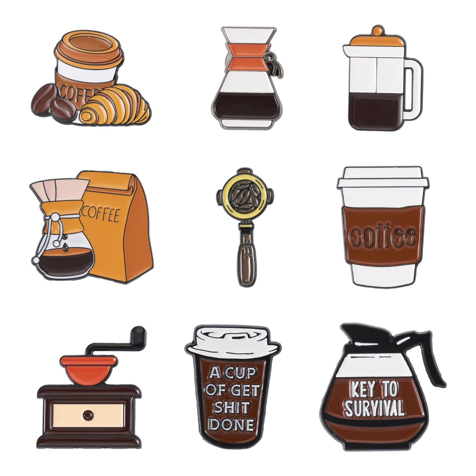 Cheriswelry 9Pcs Coffee Theme Enamel Pin Coffee Cup Pot Croissant Bread Lapel Pins Cute Brooch Pins 24.5-31mm for Clothes Backpack Bags Hats Decoration