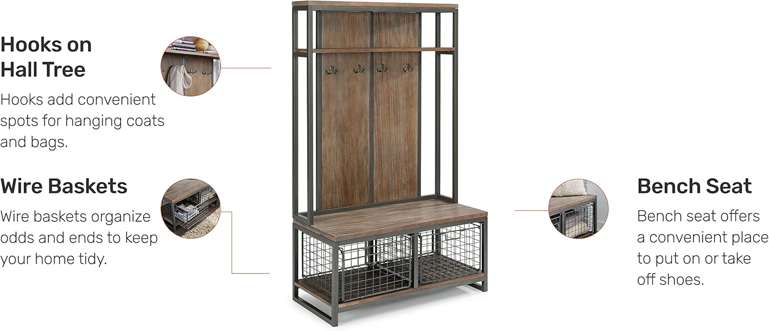homestyles Barnside Metro Hall Tree Constructed of Mixes Media, Gray Metal Frame with Multi-toned Driftwood Finish with Two Large Storage Baskets and Four Hooks : Home & Kitchen