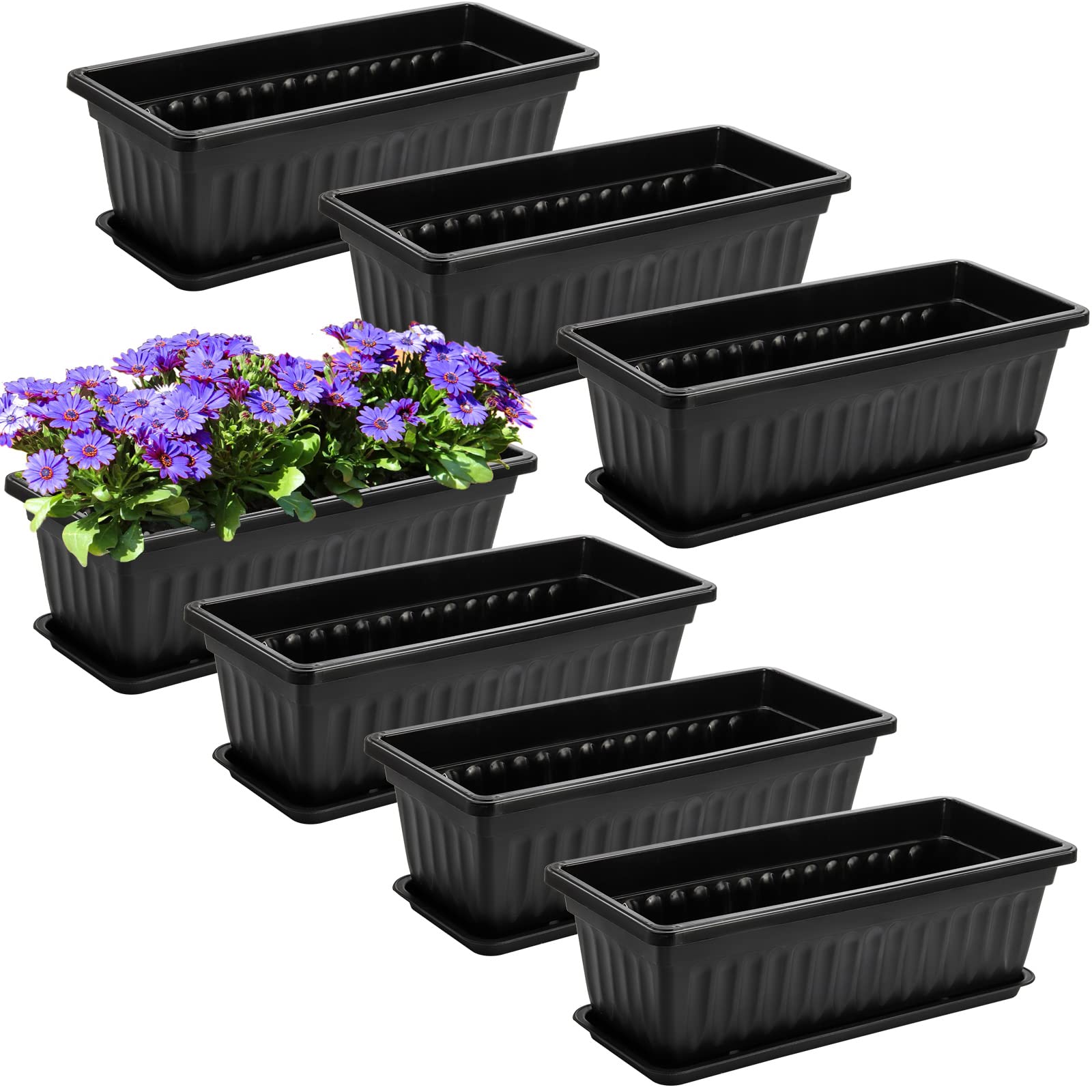 Fasmov 5 Stück 43,2 cm Blumenfenster Box Kunststoff Gemüse Pflanzgefäße mit Tabletts Gemüse Anzuchtbehälter Garten Blumentopf mit 5 Stück Pflanzenetiketten für Balkon, Terrasse, Garten, Schwarz