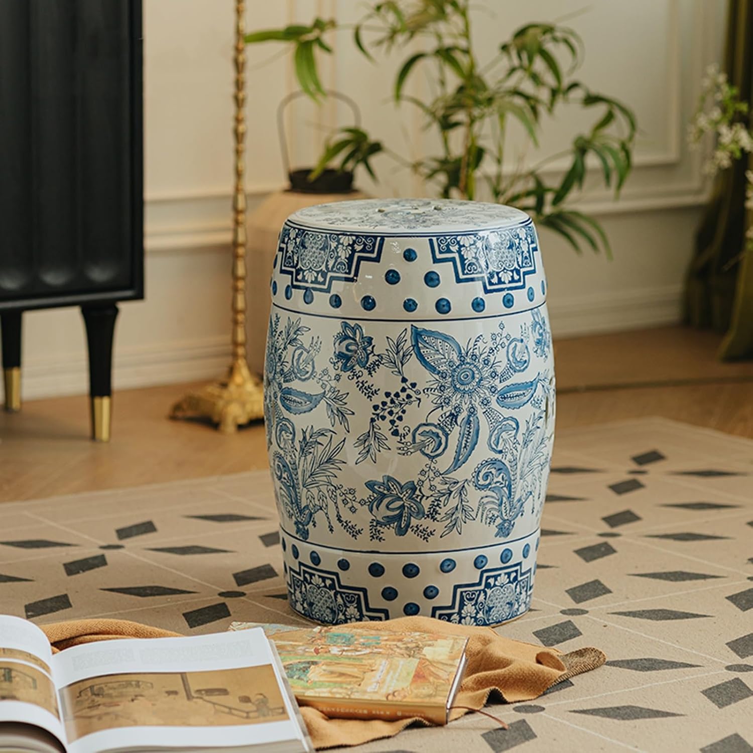 Blue and White Garden Stool,Decorative Garden stools,Outdoor Ceramic Side Table,Chinese Garden stools,Ceramic Shoe Changing Stool(Round)