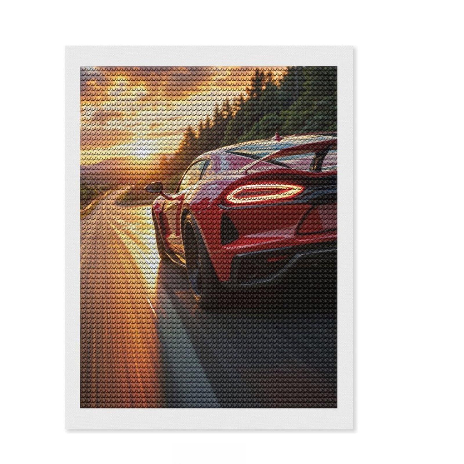 Junmoney Red Sports Car Sunset Drive Full Drill Diamond Painting Kit 12"x16", Boho Decor, for Family Craft Time, Mindful Craft Activity, Gift Idea