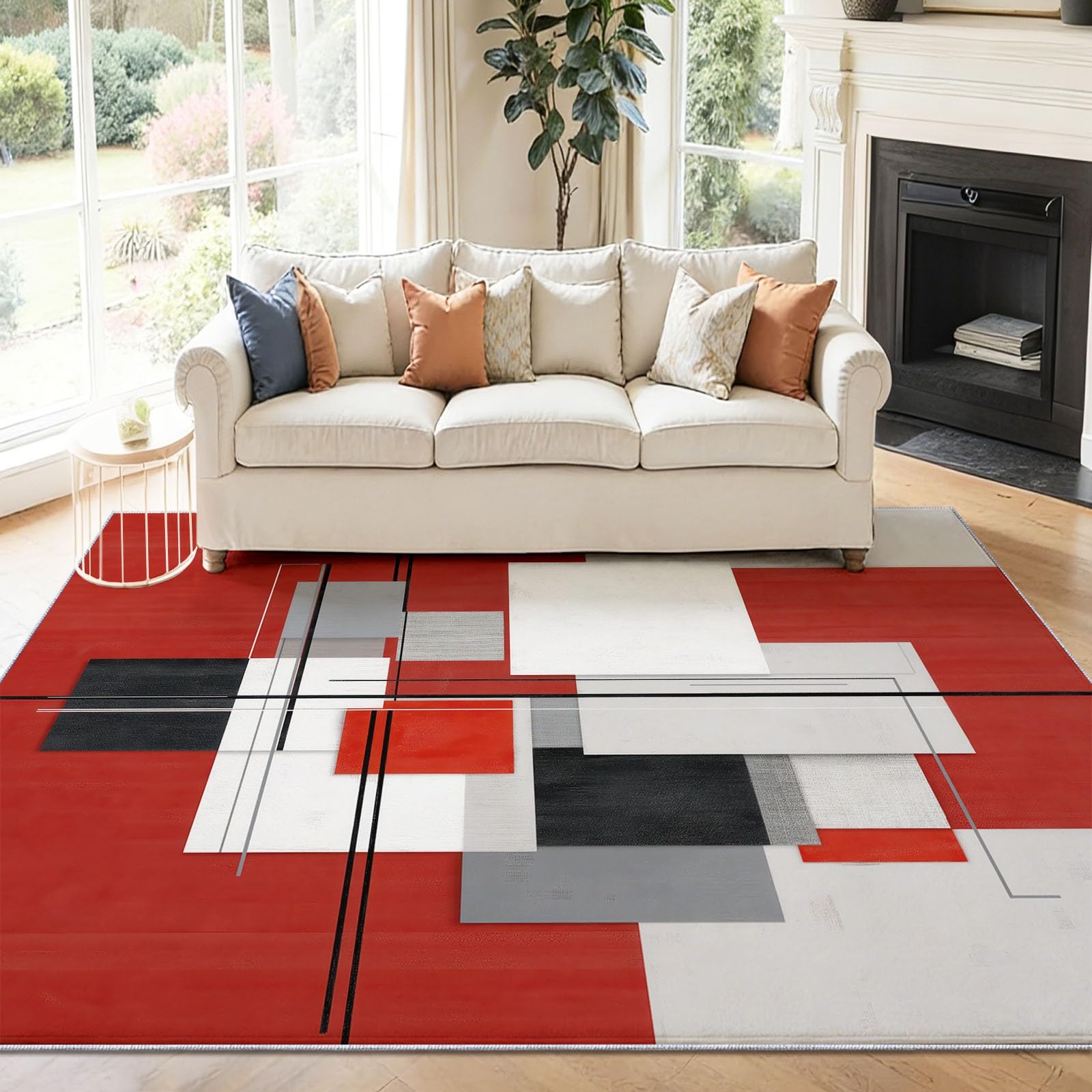 Czerwony dywan do salonu mały dywan, 60 x 110 cm Wycieraczka wewnętrzna Wejście Antypoślizgowe, Nowoczesne Abstrakcyjne Geometryczne Kolorowe klocki Dekoracja domu Duży dywan do jadalni Sypialnia