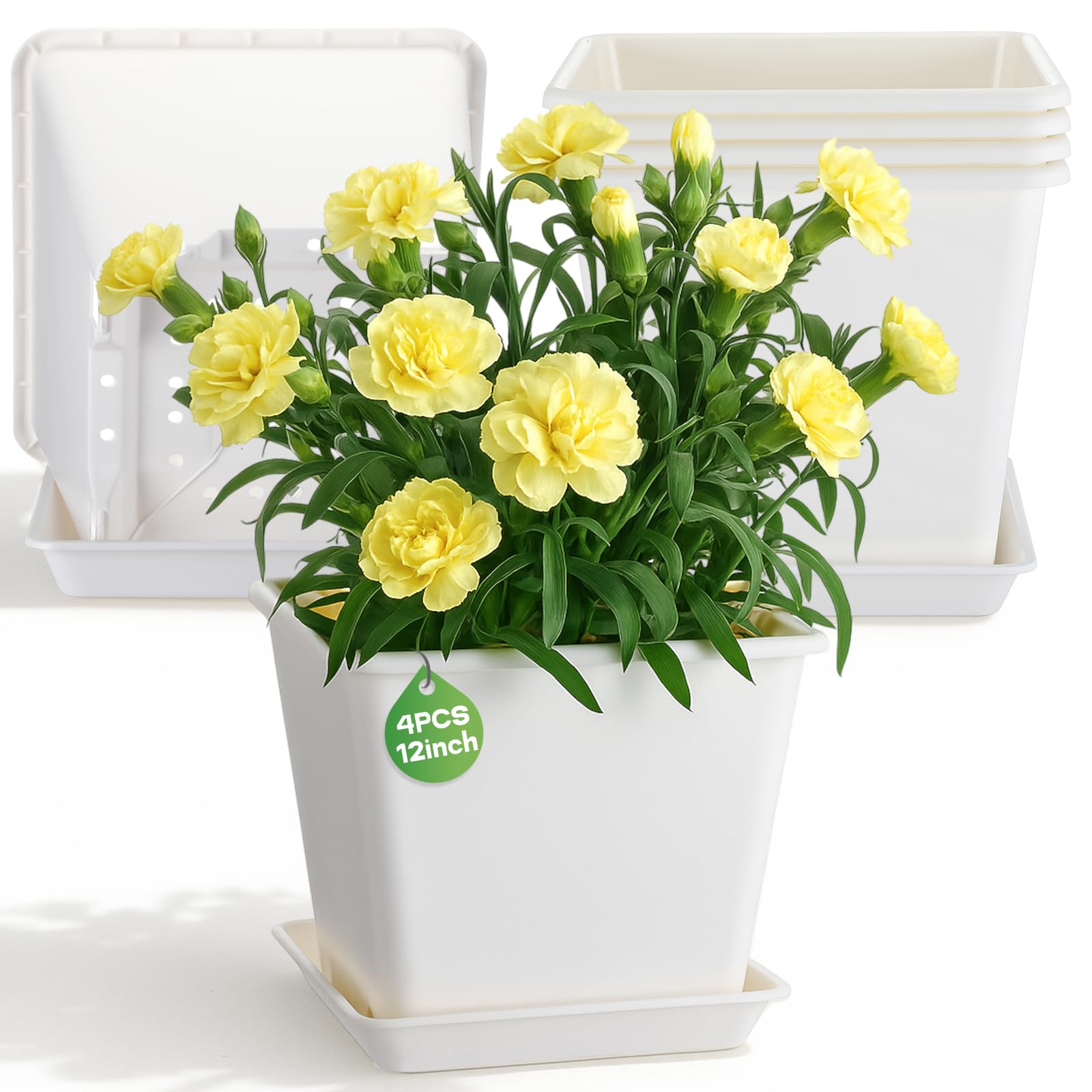 Photo 1 of RimCereal 4 Set Large Square Plastic Planter with Drainage & Saucer, 12" Outdoor & Indoor Plant Pots with Drainage Holes, Garden Thick Plastic Pots Container, Uv-Resistant(12",Square,White)