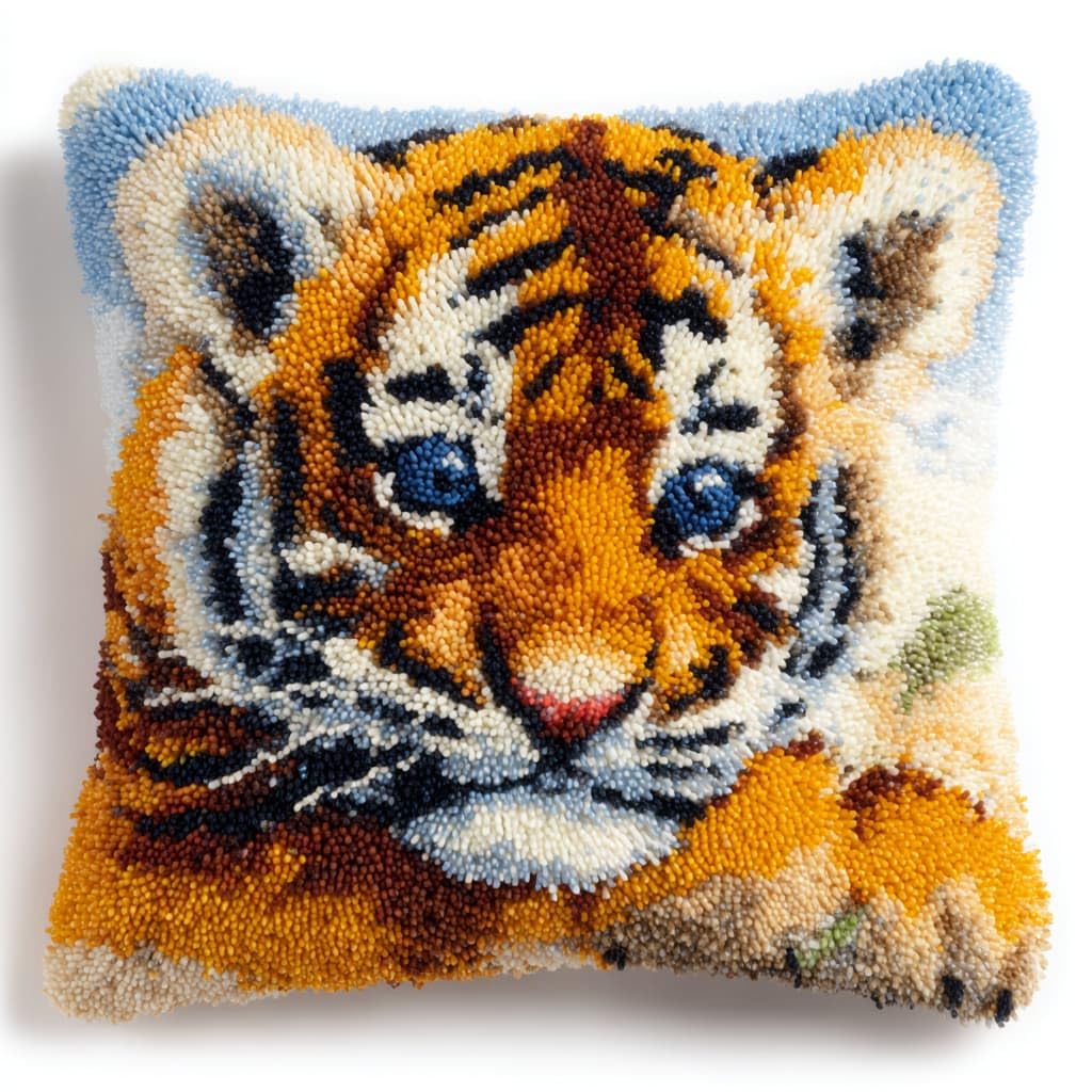 Taxpy DIY Latch Hook Cushion Kits, Animal Tiger DIY Latch Hook Embroidery Set Crochet Needlework Crafts Pillow with Printed Canvas 43x43cm