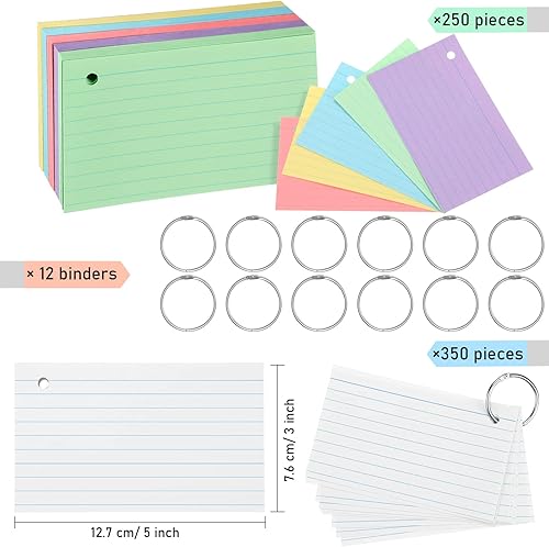 Miniatura 2 de 600 tarjetas de índice, tarjetas de índice de colores con rayas de un solo agujero, tarjetas de estudio pesadas, tarjetas de notas, 12 anillos de