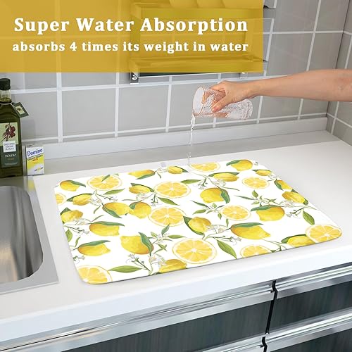 Miniatura 7 de Tapete de secado de limón para encimera de cocina, de 18 x 24 pulgadas, tapete de secado grande para platos, color amarillo limón, accesorios de