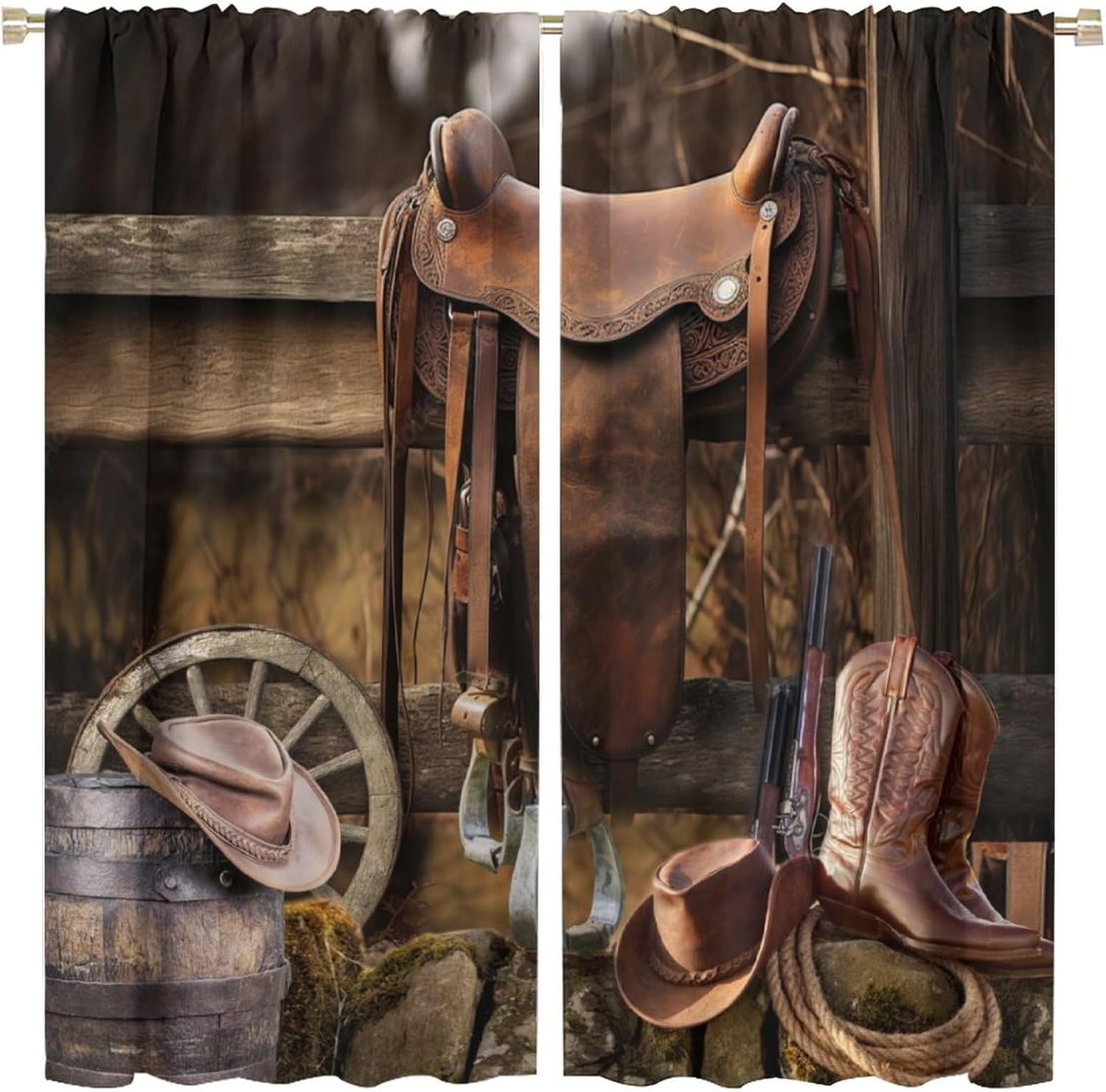 Brebasf Western Cowboy Blackout Rod Pocket Curtains,Retro West Traditional Style Barn Door Wooden Board Cowboy Theme Thermal Insulation Room Darkening Window Drapes 2 Panels 84" L x 42" W