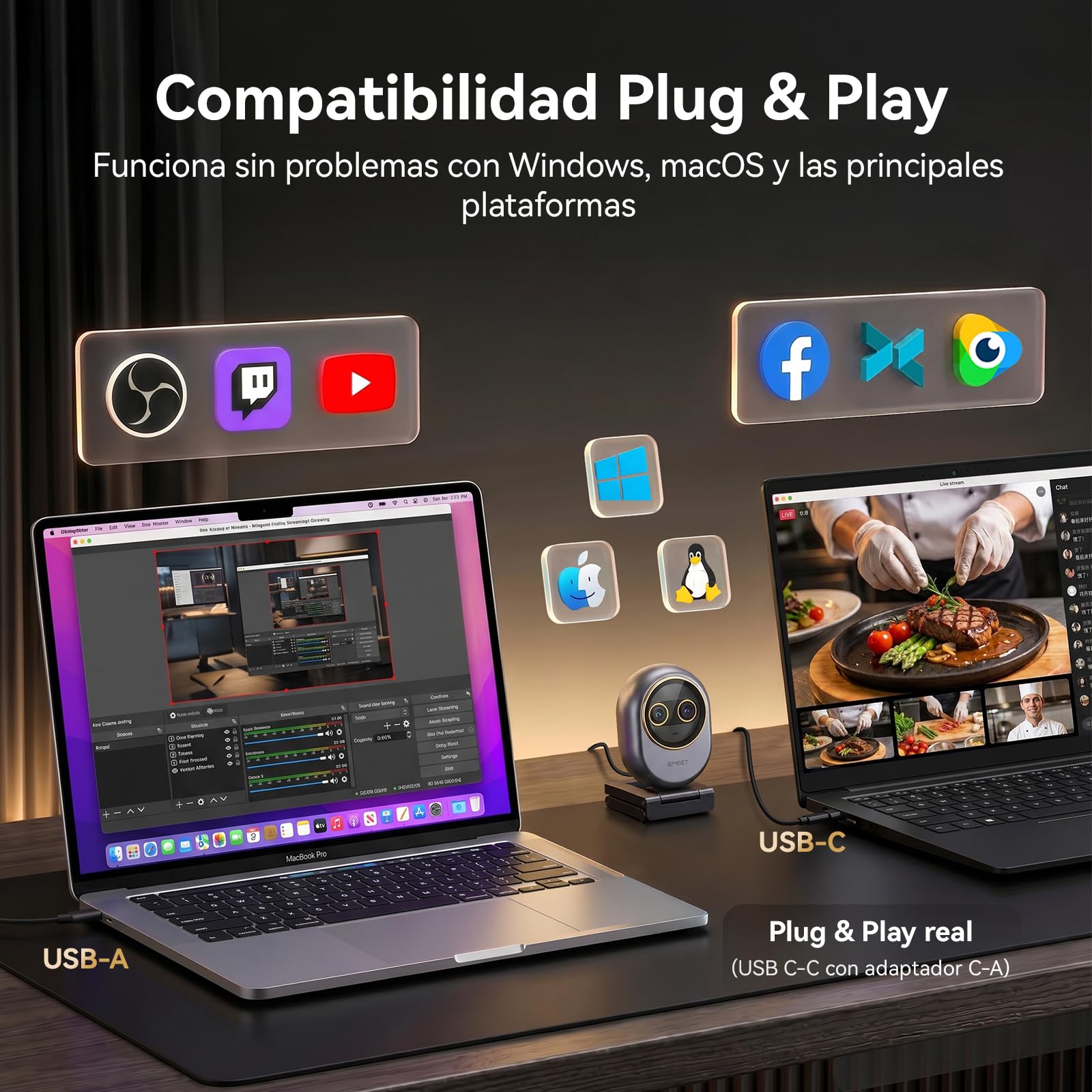 EMEET Piko Webcam 4K para Streaming de Doble Lente (Gran Angular y Tele), Zoom Híbrido 11X, Enfoque Automático 0,2s, Control Remoto, 3 Micros, Tapa de Privacidad Panda, USB-C