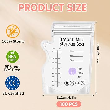 100 PCS Breast Milk Storage Bag 8oz/250ml with Pour Spout Breastfeeding | BPA & BPS Free Milk Storage Bags Temperature-Sensing Color Change Self Standing Pouches No-Leak for Refrigeration & Freezing