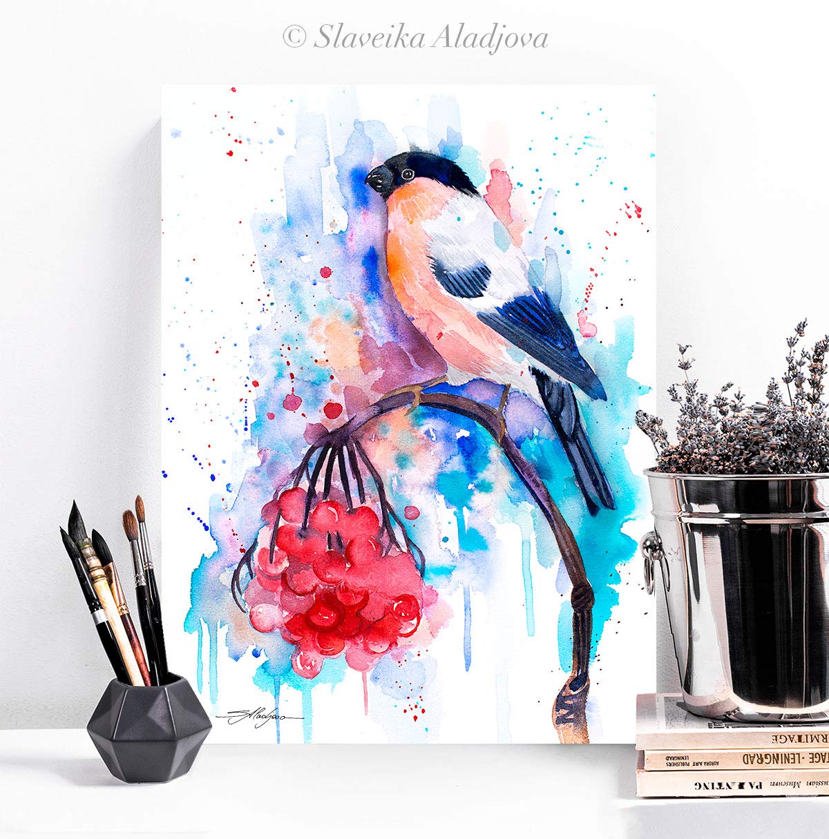 Amazon.com: Bullfinch watercolor painting print by Slaveika Aladjova ...