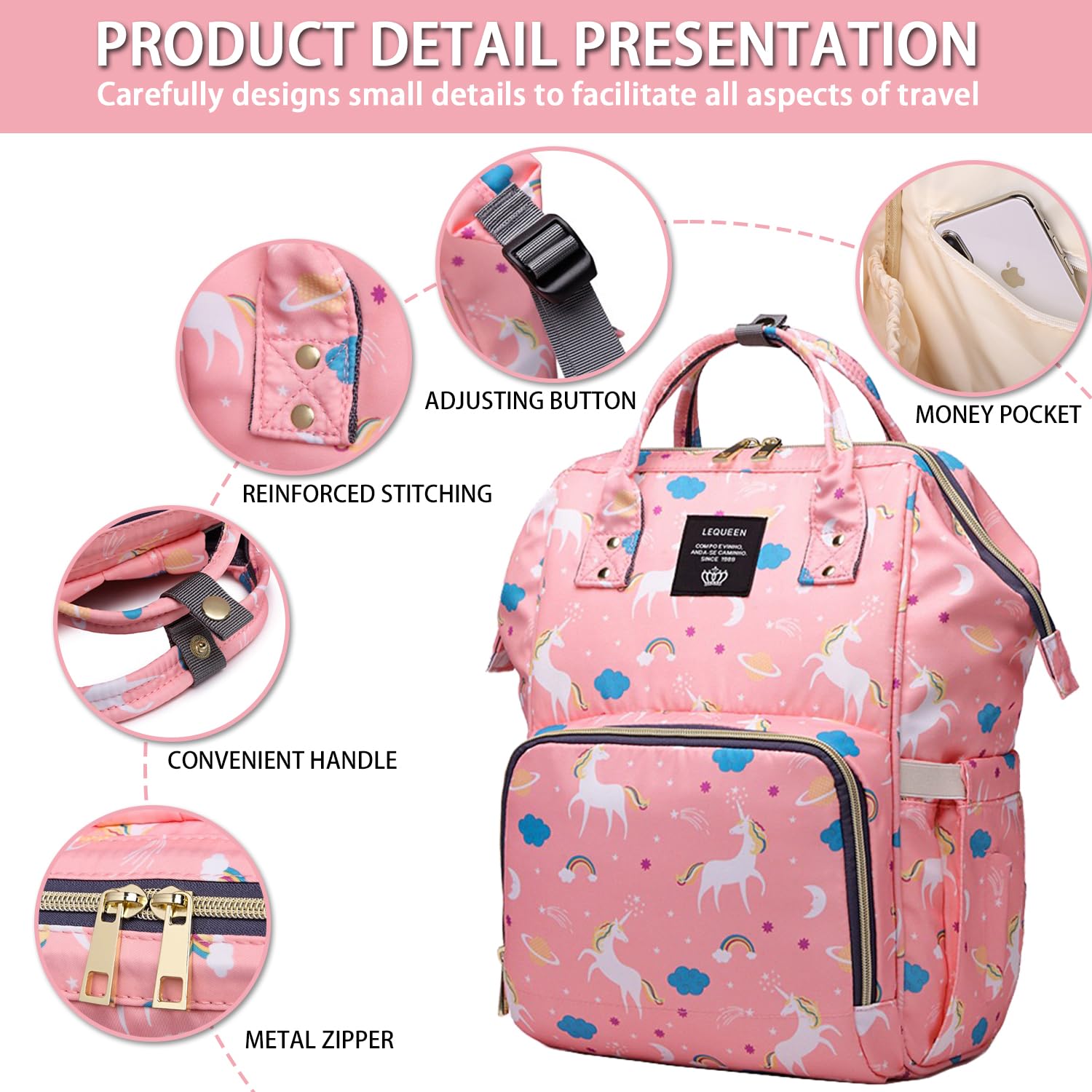 Borsa per pannolini zaino per mamma papà, borsa per cambio maternità, zaino per pannolini con cinghie per passeggino, Unicorno-rosa, 15.7" x 11.8" x 7.8", Classico