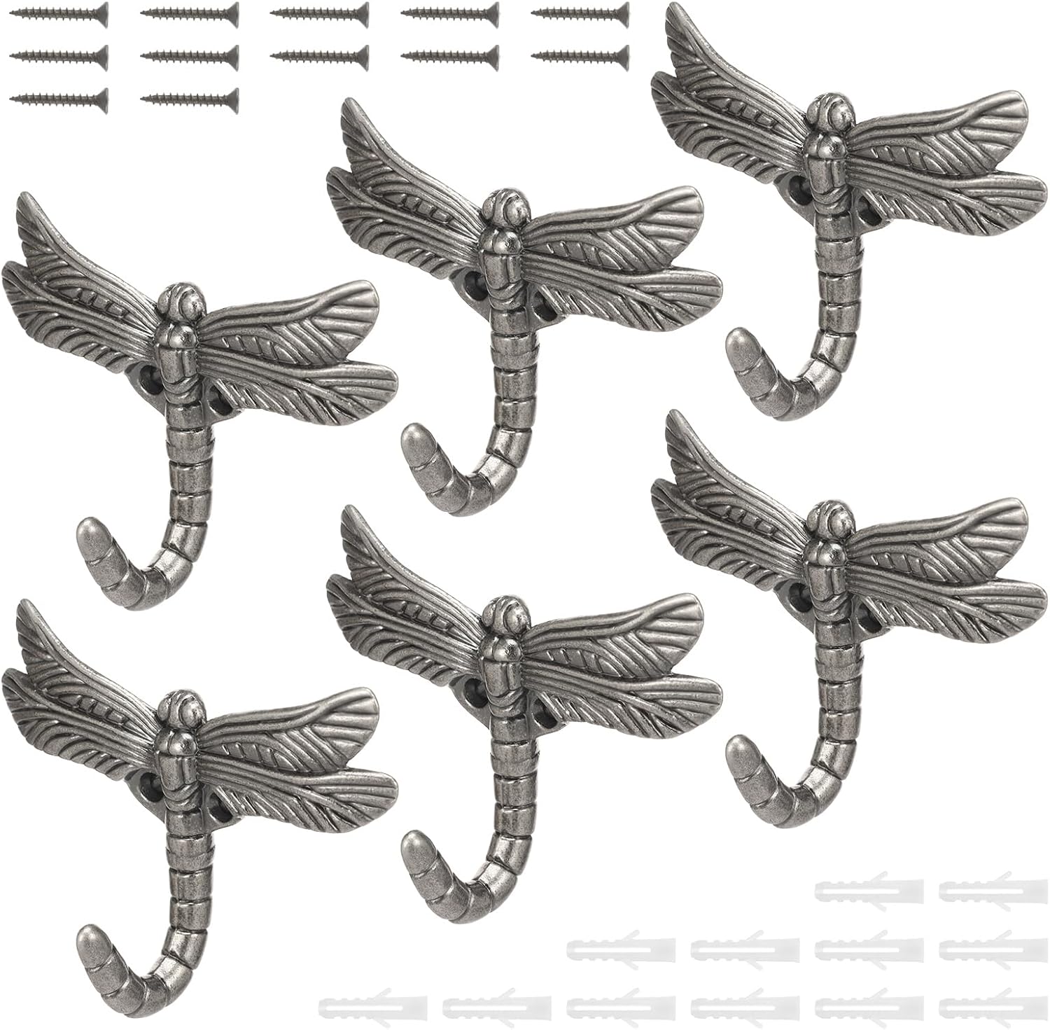 Dragonfly Hook Wall Mounted Cloak Rack Heavy Vintage Decorative Hook Indoor Outdoor Universal Cloak Rack Hooks for Towel Robe Clothes Hat Bag Key Pack of 6(Antique Silver,6PCS)