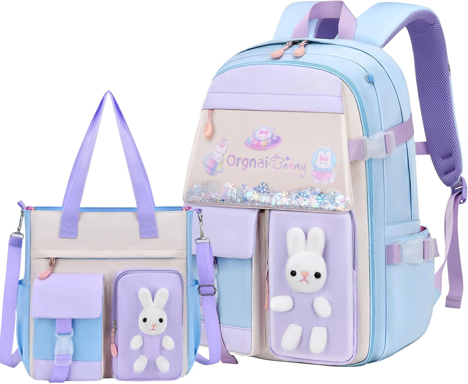 Bunny Backpack for Girls Cute Kids Bookbag for Elementary School Kawaii Preschool Outdoor Daypack 2Pcs Blue