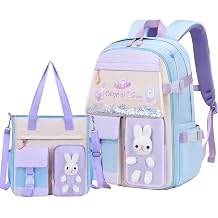 Kawaii Backpack for School Girls Bunny Backpack Kids Casual Bookbag Cute Outdoor Daypack 2Pcs Blue
