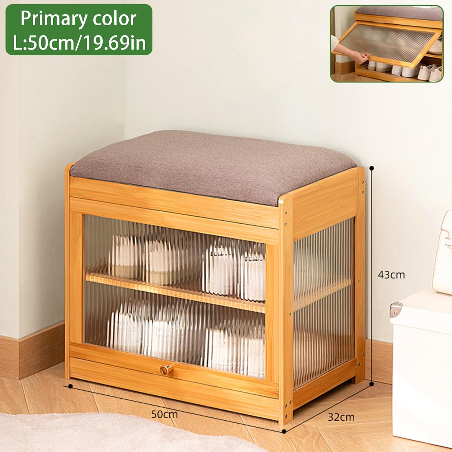 Shoe Storage Bench- Bamboo Entryway Bench with Seat Cushion, 2-Tier Shoe Rack with Removable Dividers and Hidden Storage Space, Organizer Ottoman for Bedroom, Mud Room, Patio, Natural-Small