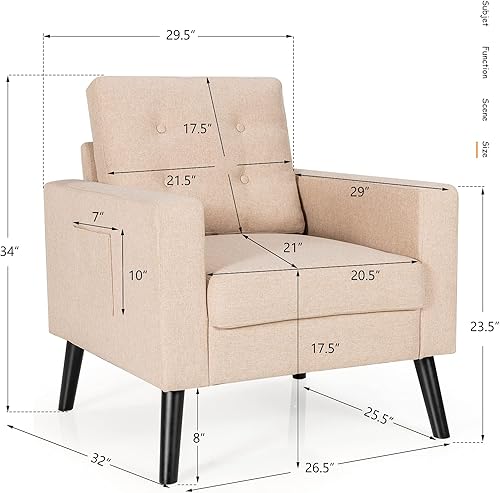 Miniatura 3 de Giantex Silla decorativa moderna, silla tapizada para sala de estar, sofá individual con botones, para leer en el dormitorio, habitación de