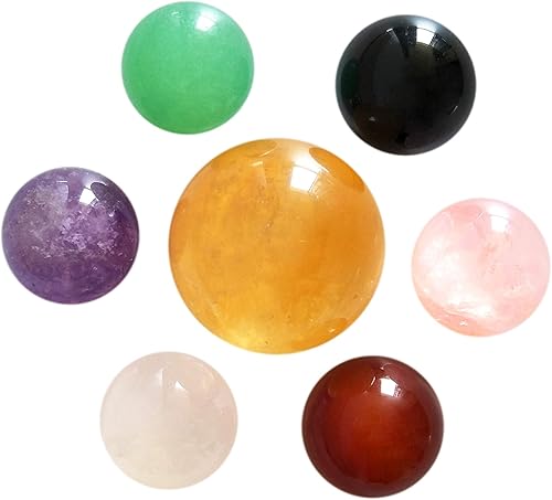 Juego de 7 bolas de cristal de chakra natural, calcita amarilla, obsidiana negra, cuarzo rosa, cuarzo transparente, aventurina verde, amatista y