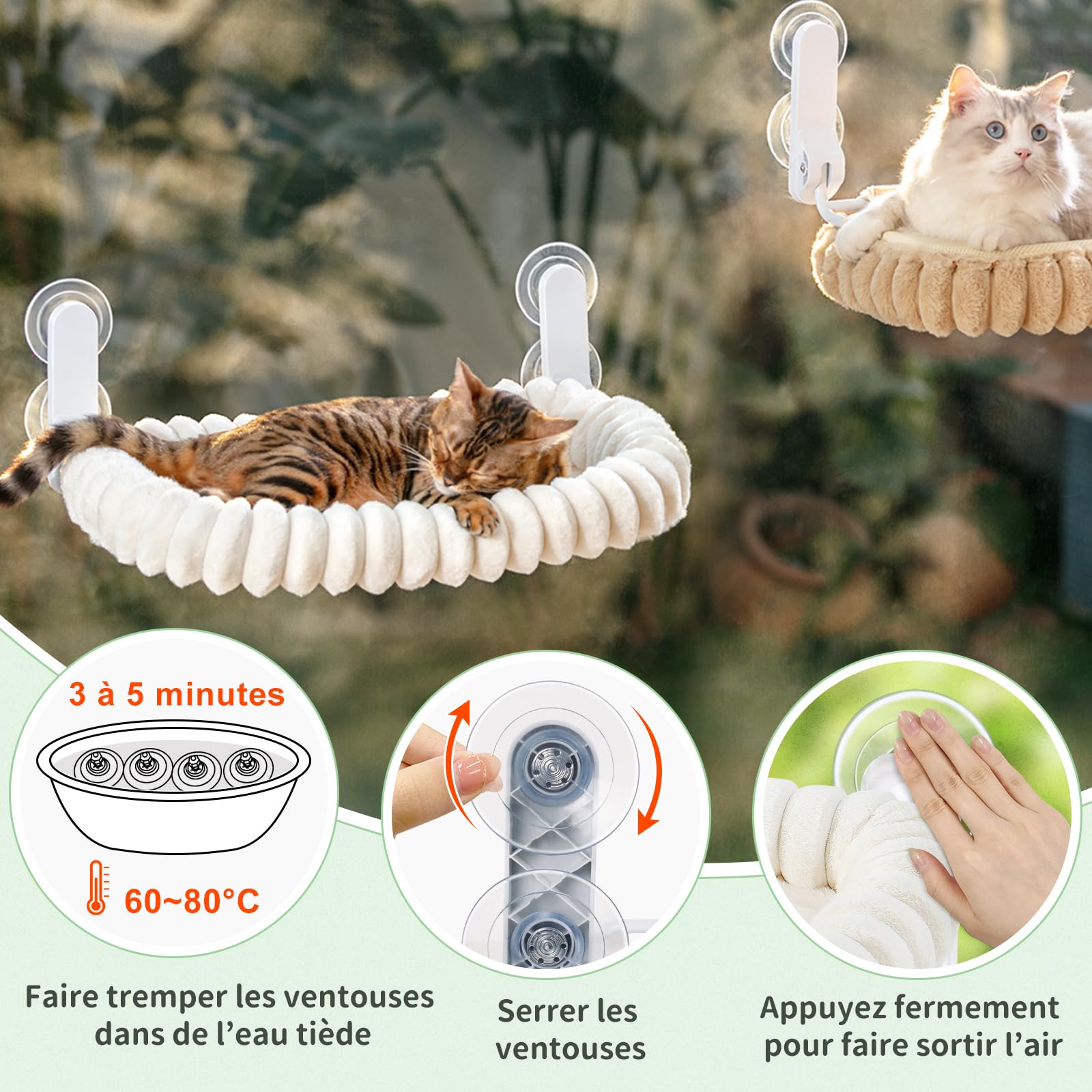 GUUSII HOME Hamac Chat Fenetre Pliable Panier Perchoir Suspendu Lit pour Petite et Grande Chats Ventouse Support Transat Etagere Coussin Chaise Interieur Tapis Réversible 54 * 30cm (Blanc, M)