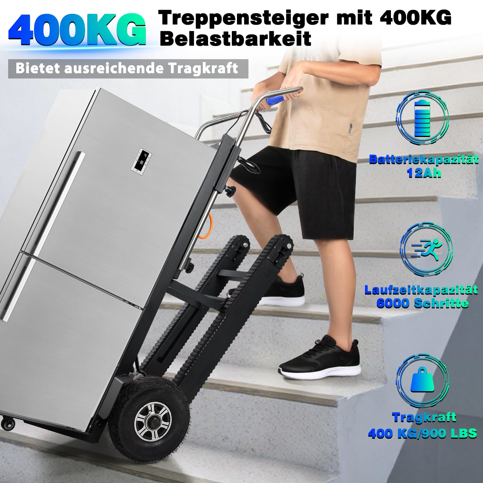 1250W Elektrische Sackkarre mit Gummiketten, Elektrischer Treppensteiger 408kg Tragkraft, Treppen & Abstiege BewäLtigen, Treppensteiger mit Sicherheitsseil & Luftpumpe für Möbeltransportieren Schwarz