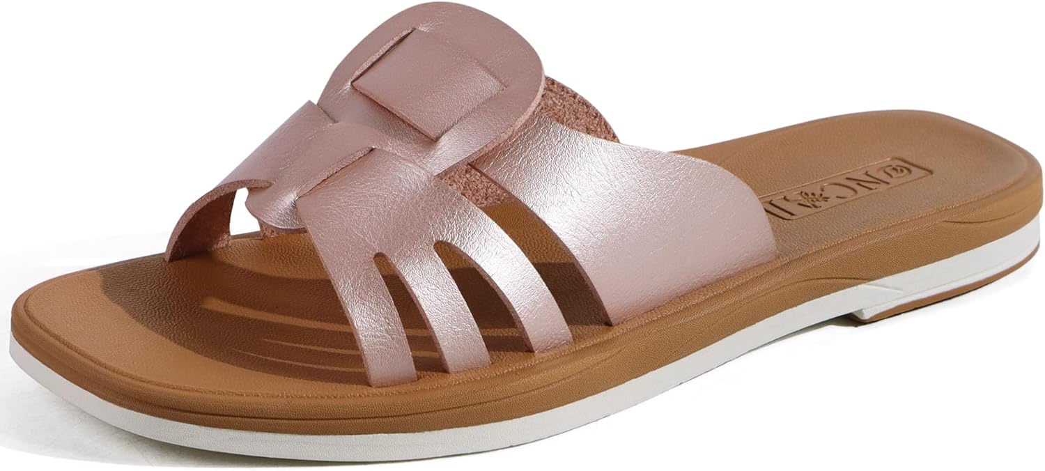 ONCAI Slides for Womens,Flat Dressy Square Toe Summer Beach Sandals for Woman with Comfortable Non-slip Rubber Soles Size 11 Rose Gold(runs Small, Size Up)