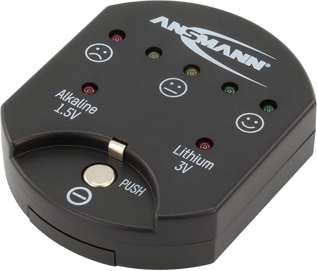 Ansmann 1900-0035 przyciskowy tester baterii z wyświetlaczem LED [opakowanie 1 szt.] Kontroler stanu baterii monet, idealny do testowania baterii alkalicznych i litowych